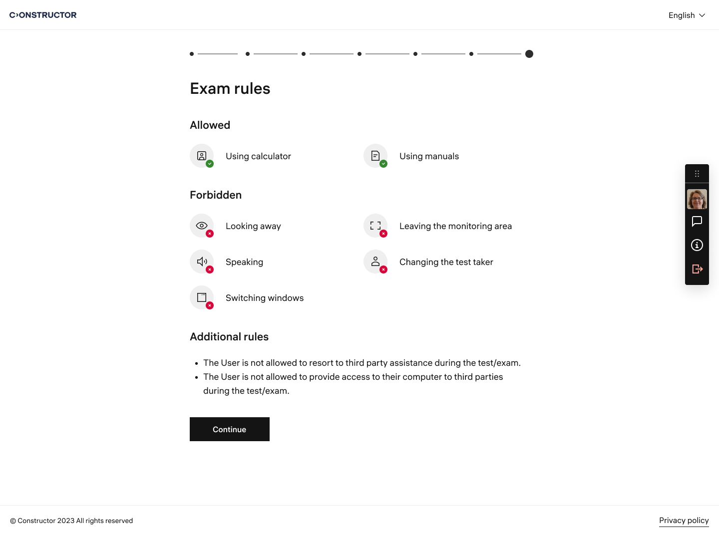 Proctor - Exam rules page view