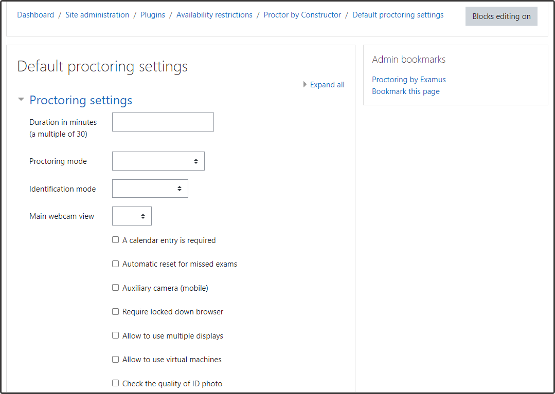 Default proctoring settings screenshot