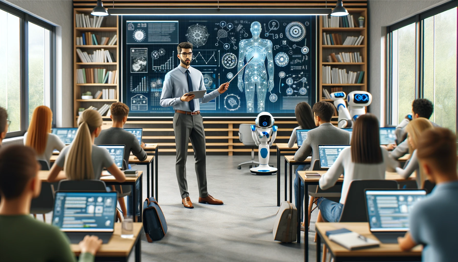 A realistic photograph of a male educator standing in a modern university classroom, filled with advanced technology. He is using an interactive smart.
