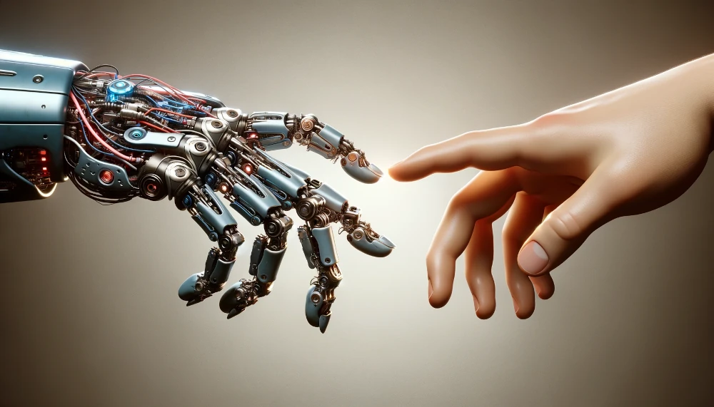 Robotic and human hands touching - AI generated image