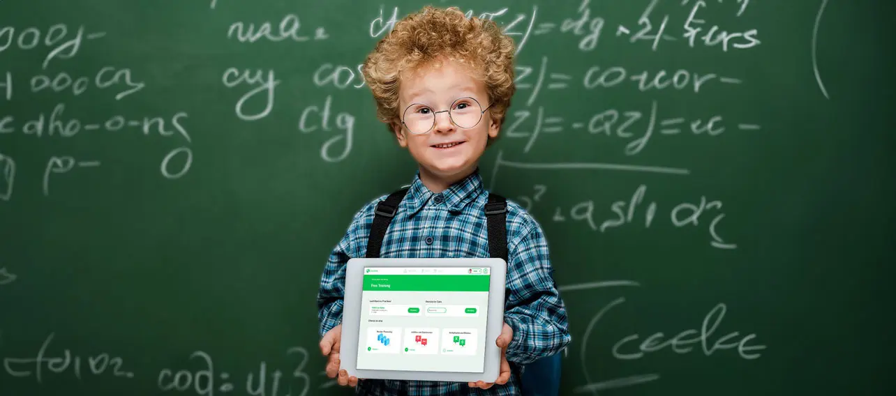 Kid holding tablet with open Calcularis app