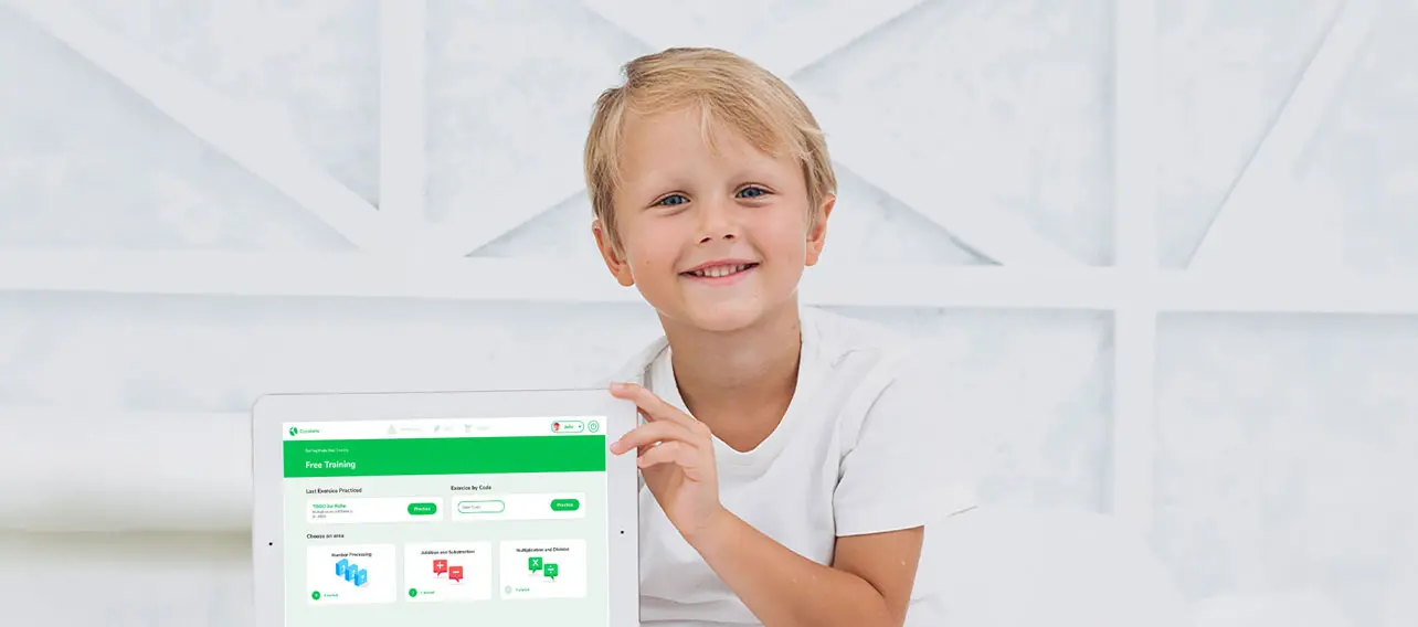 Kid holding tablet with open Calcularis app