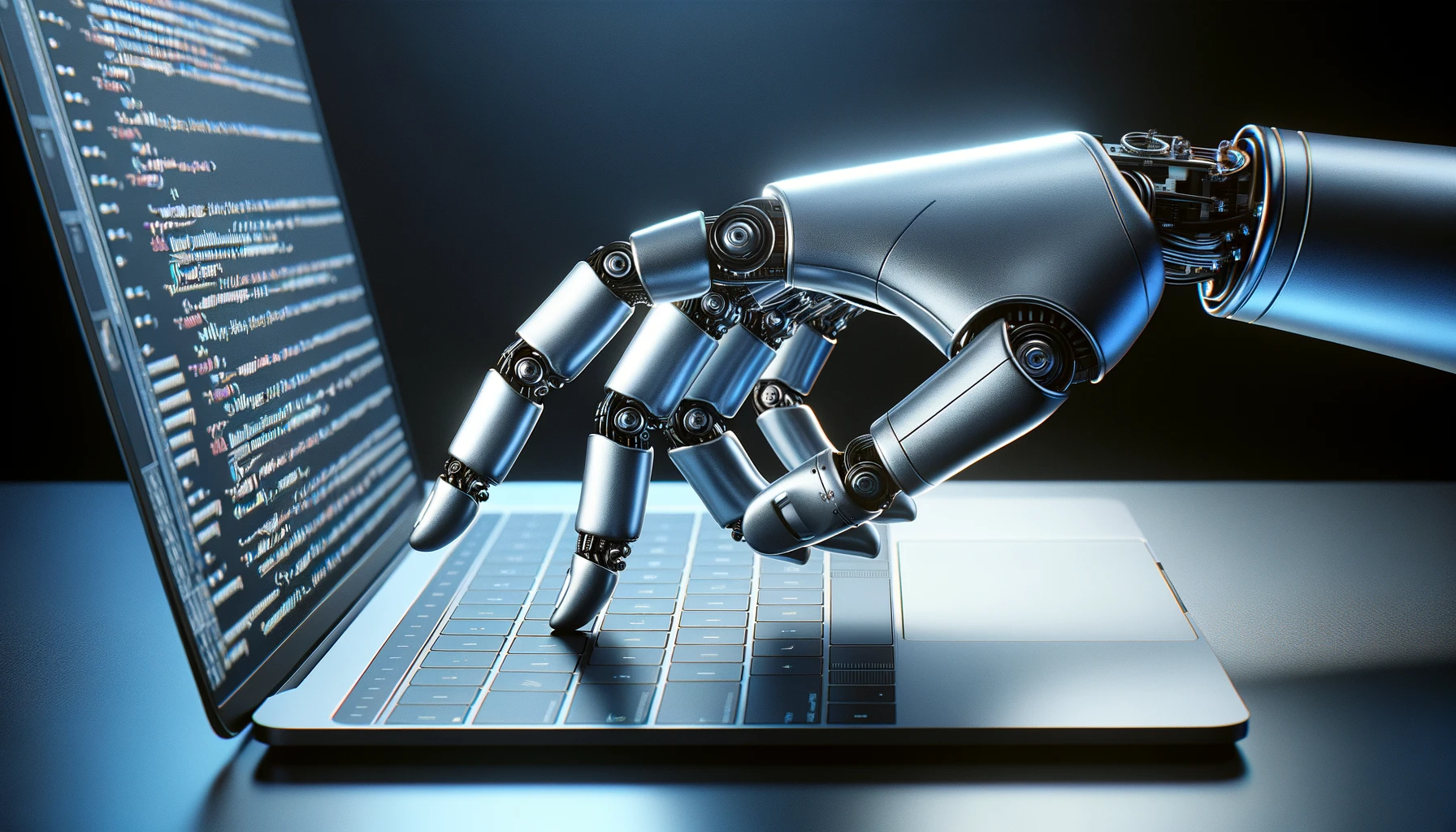 A widescreen image of a robot hand, with a metallic, sleek design, extending one finger to press a key on a laptop keyboard. The laptop is modern