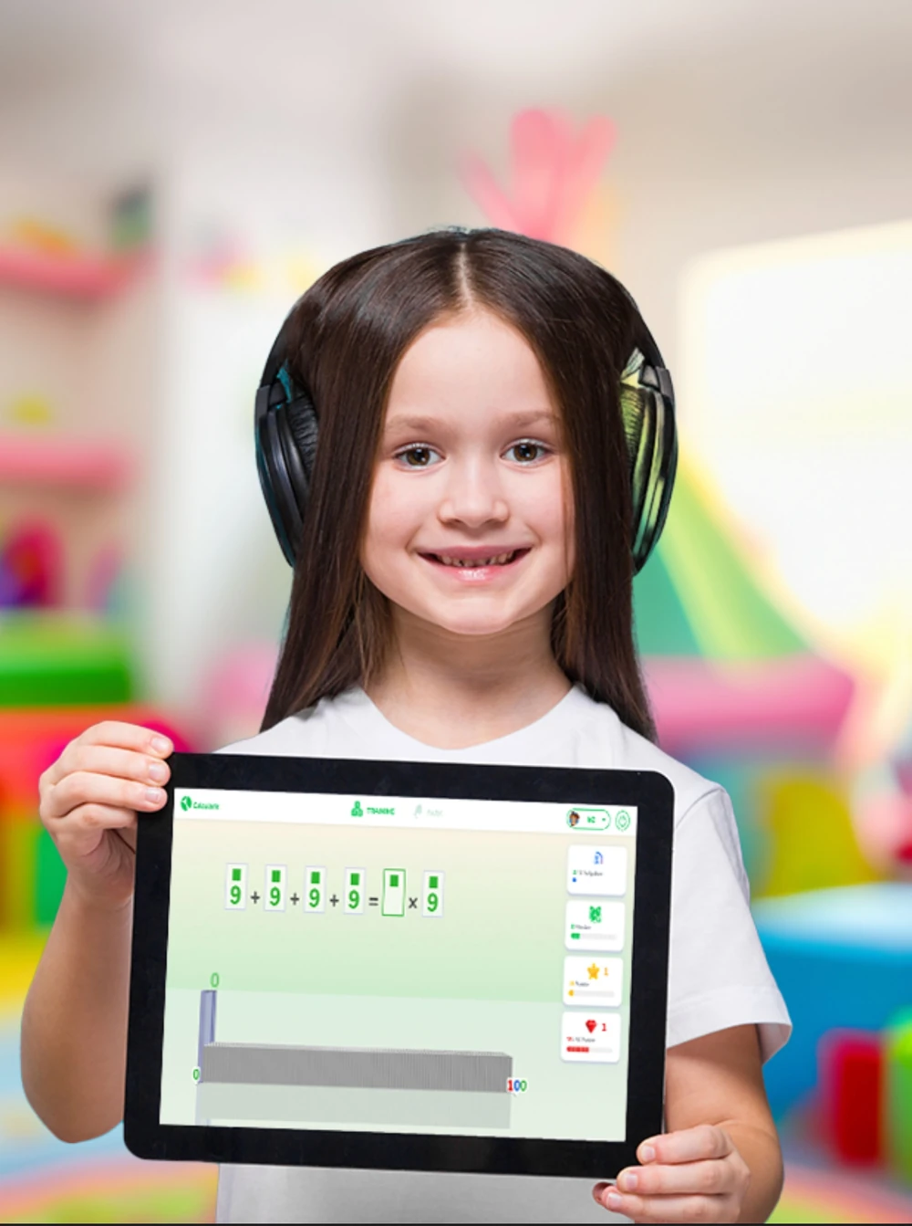 Girl holding a tablet with Calcularis app