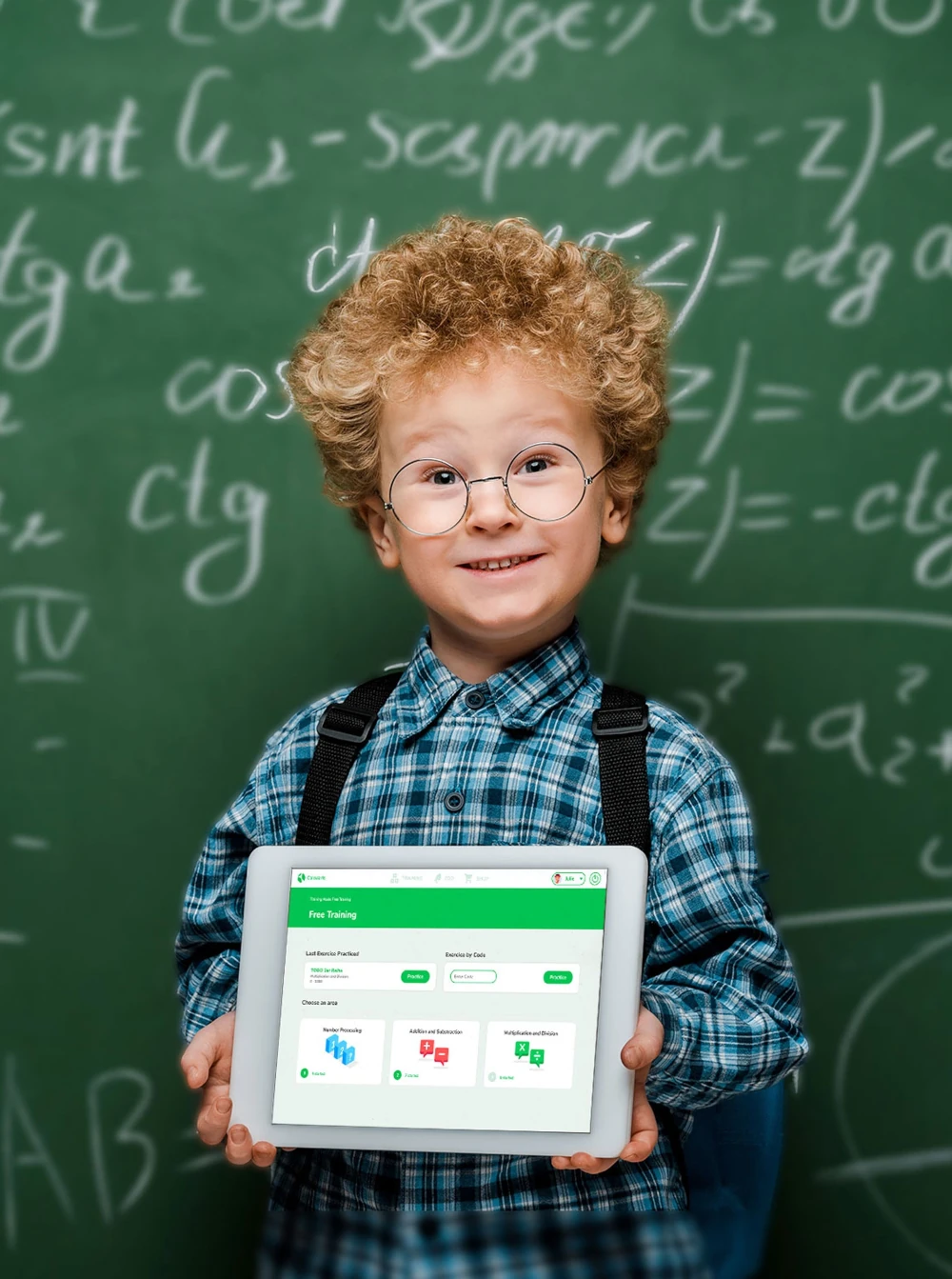 a boy holding a tablet with the Calcularis app