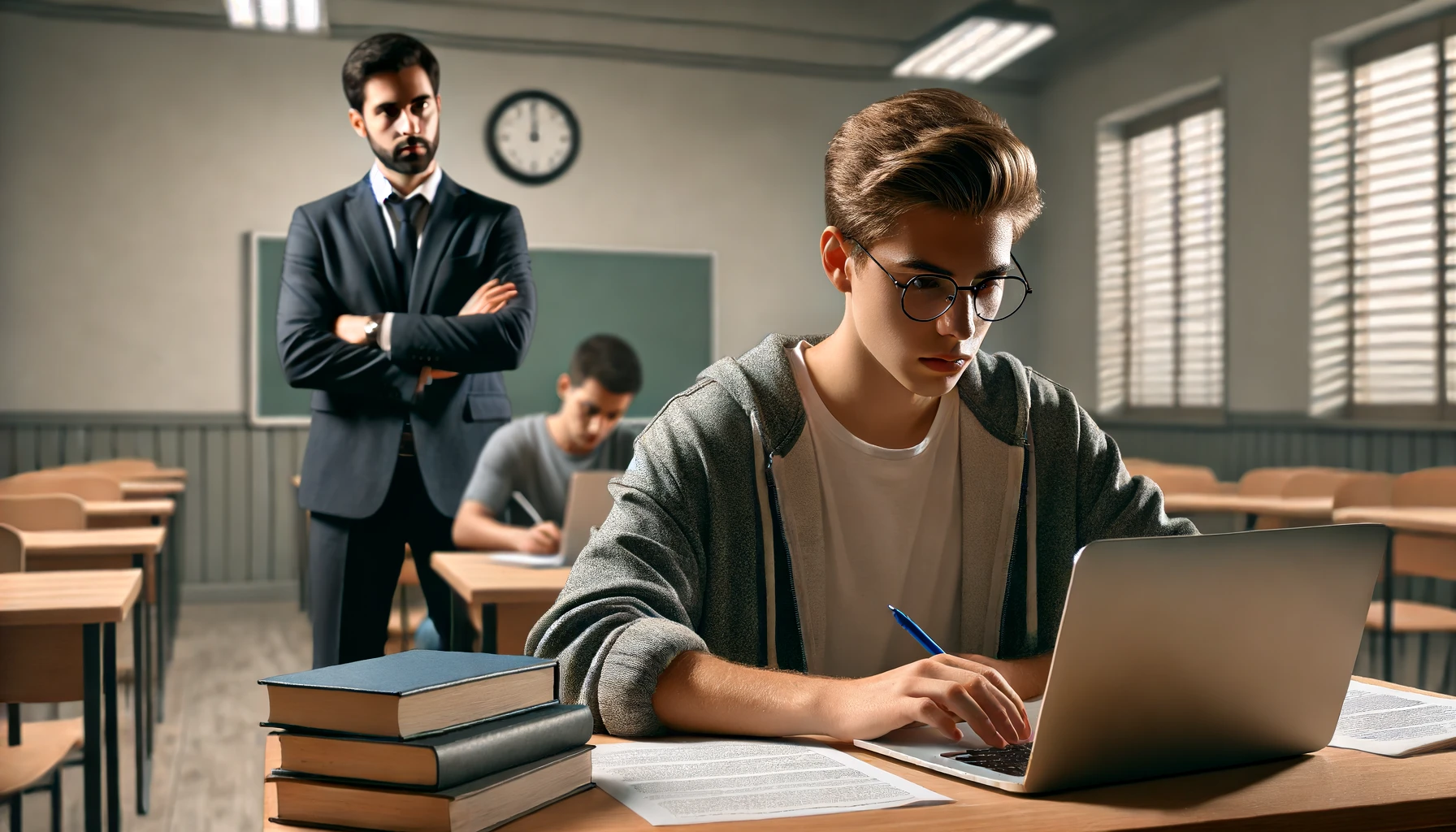 A realistic scene of a student taking an online exam on a laptop at a desk