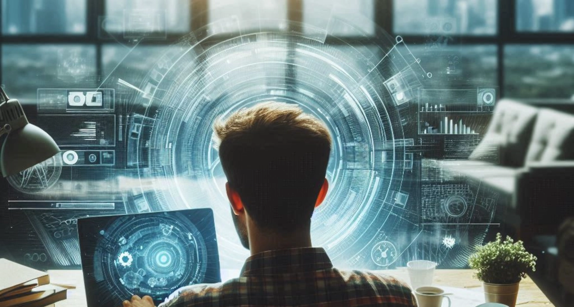 A man working on a laptop, view from behind, with generic tech screen overlay, widescreen