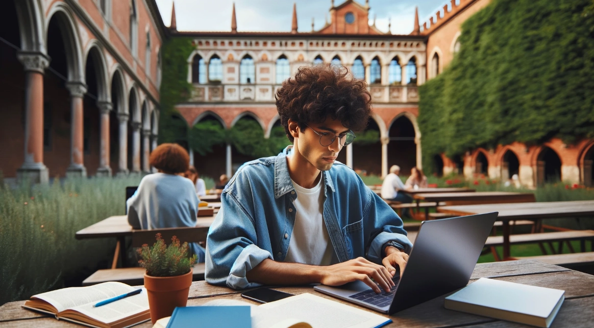 A wide aspect ratio image in a 35mm film style, depicting a university student studying thoughtfully on a laptop