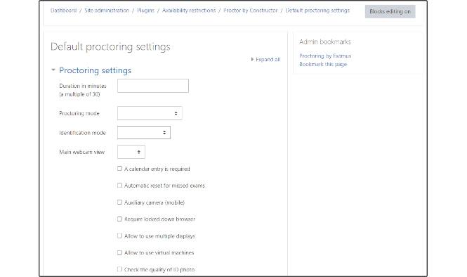 Default exam proctoring settings