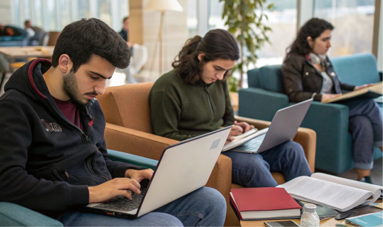 students working on their laptops in a common room