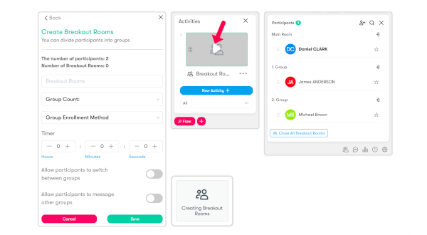 Divide learners into breakout rooms for focused group tasks, with capabilities for instructors to monitor and assist if needed
