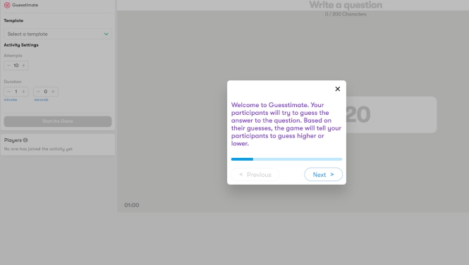 Engage participants by prompting them to guess numeric answers and providing real-time higher-or-lower feedback based on their inputs