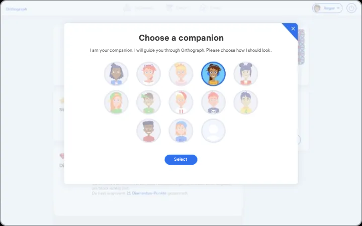 Grafari dialog where a learner chooses a companion avatar to guide them through the program