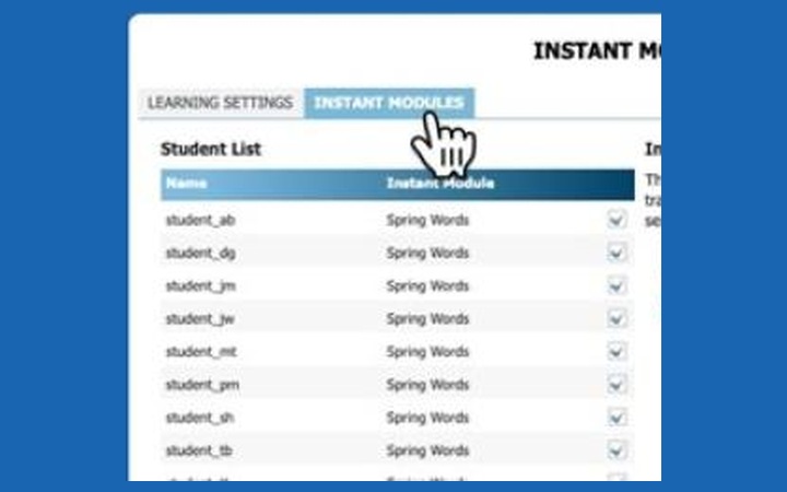 Constructor Coach Instant Modules tab, showing a per-learner module assignment for each student