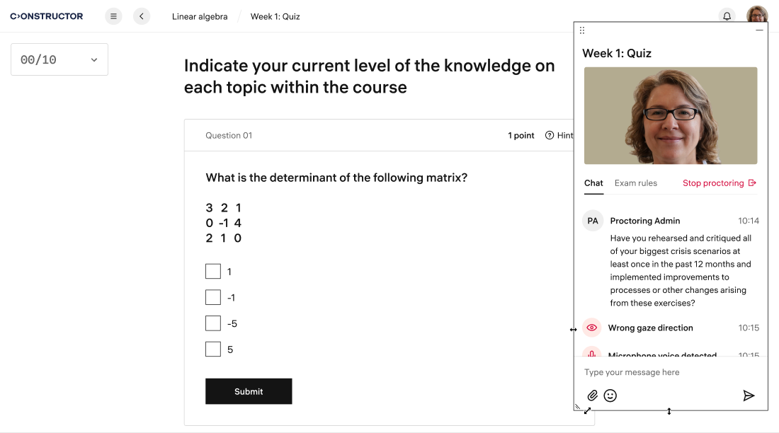 A quiz question in Constructor Assess with the Constructor Proctor panel open alongside it