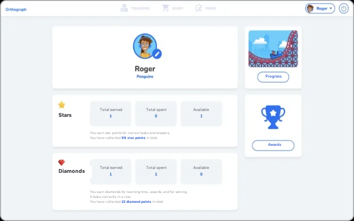 Grafari rewards screen showing stars and diamonds a learner has earned, spent, and has available