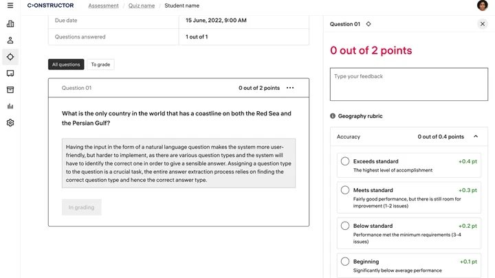 Manual grading in Constructor Assess with rubric criteria and a confirm grade button