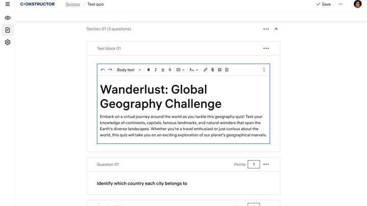 Quiz builder in Constructor Assess showing question types and point values