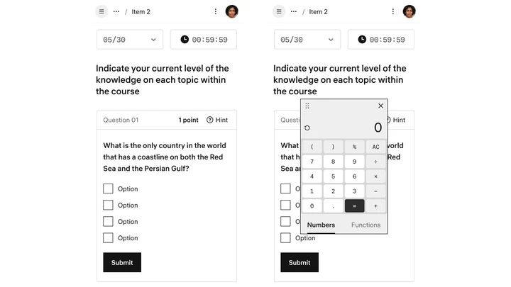 Constructor Assess exam running on two mobile phones, with timer, question, answer options, and a scientific calculator