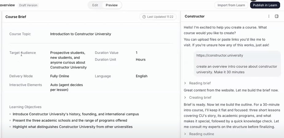 Prism course brief showing learning objectives and AI planning chat