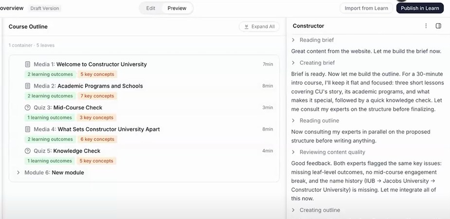 Prism course outline with lessons, knowledge checks, and learning outcomes