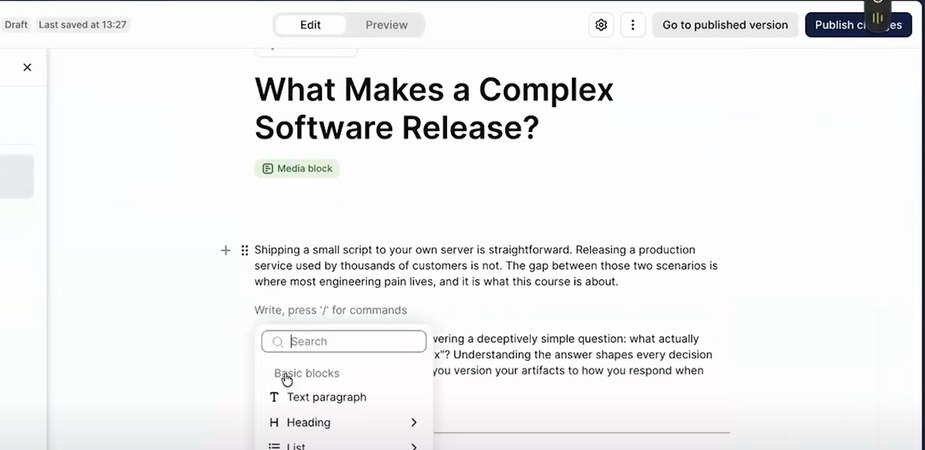 Prism course editor with the content block editing menu open