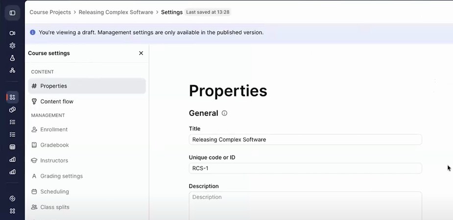 Prism draft settings with notice separating the working draft from the published version