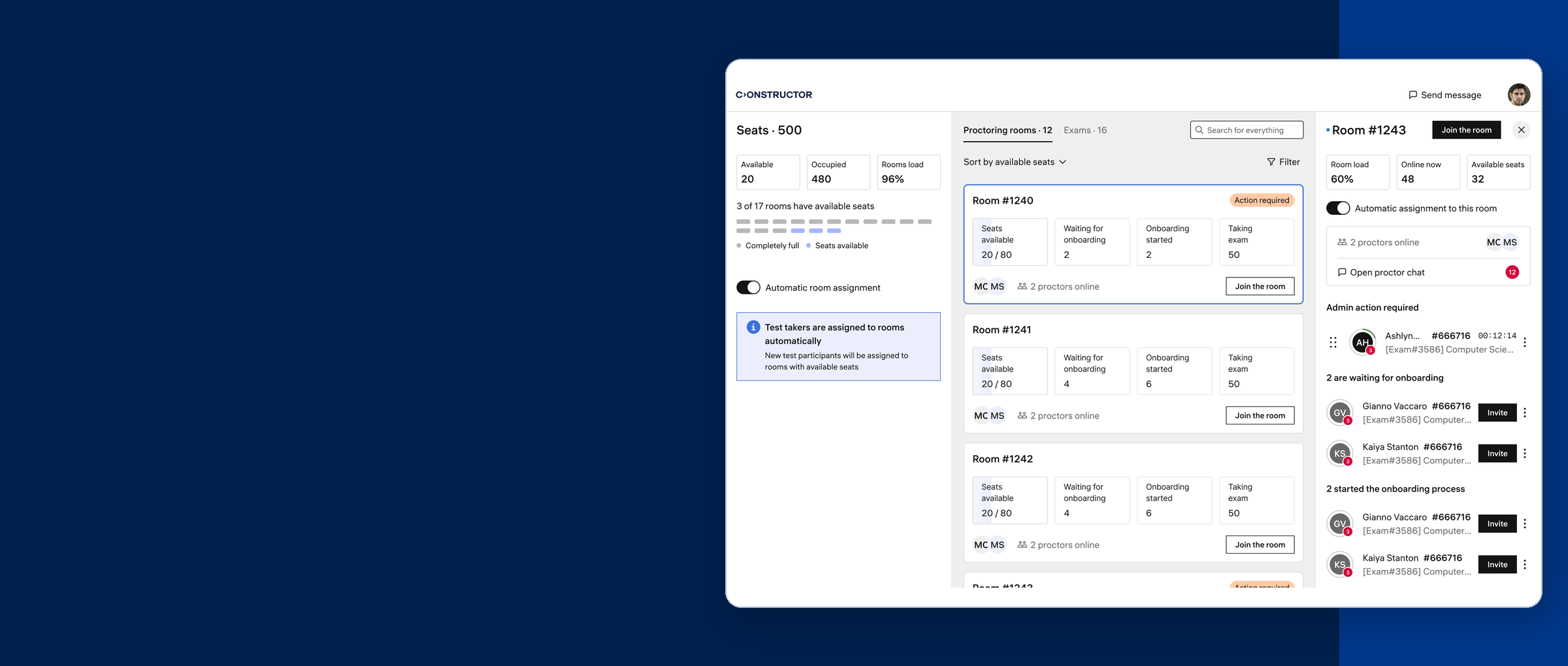 Constructor Proctor dispatching interface showing rooms, available seats, and session status