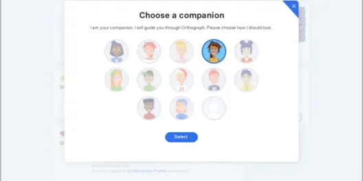 Grafari dialog where a learner chooses a companion avatar to guide them through the program
