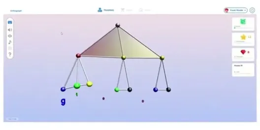 Grafari exercise showing a word built as a three-dimensional structure of colored spheres
