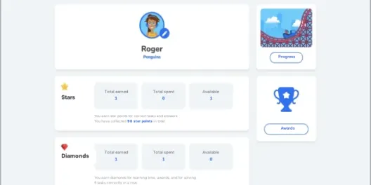 Grafari rewards screen showing stars and diamonds a learner has earned, spent, and has available