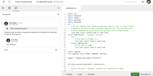 Constructor Practice: coding lab with code editor and instructor comments