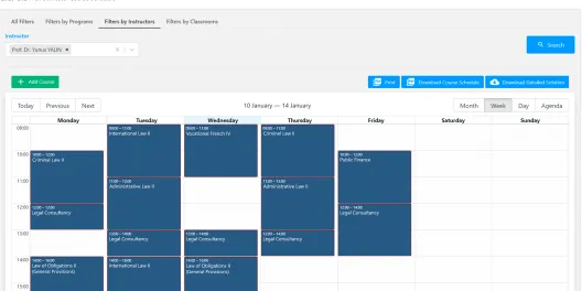 Constructor Schedule: weekly course timetable filtered by instructor