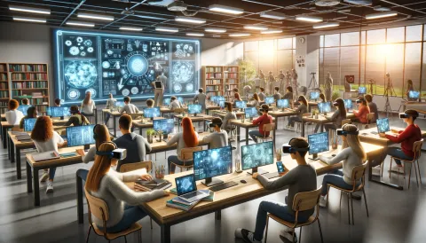 classroom with students using advanced technology