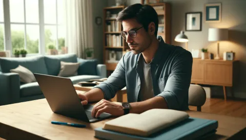 A realistic scene depicting a man in his mid-thirties sitting at a desk at home, focusing intently on an online exam on his laptop