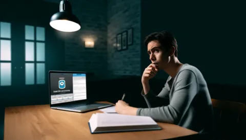 a student sitting and using a laptop with a proctor system 