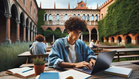 a university student studying thoughtfully on a laptop.