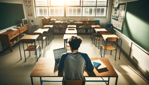 a male student studying on his laptop in a classroom, captured from a high angle