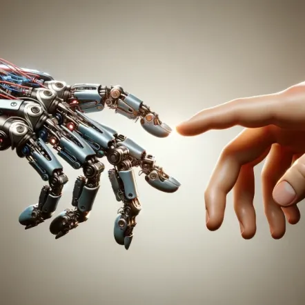 Robotic and human hands touching - AI generated image