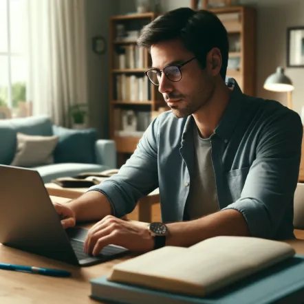 A realistic scene depicting a man in his mid-thirties sitting at a desk at home, focusing intently on an online exam on his laptop