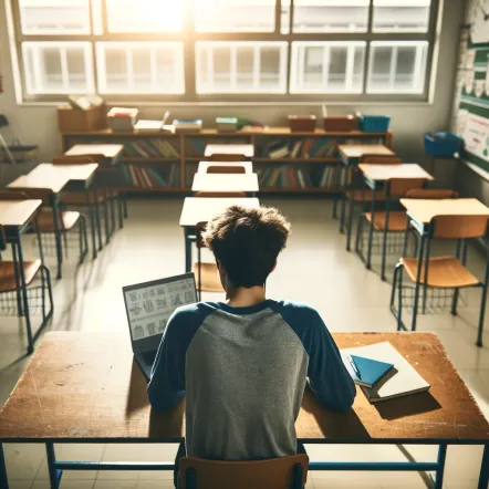 a male student studying on his laptop in a classroom, captured from a high angle