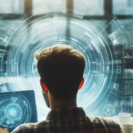 A man working on a laptop, view from behind, with generic tech screen overlay, widescreen