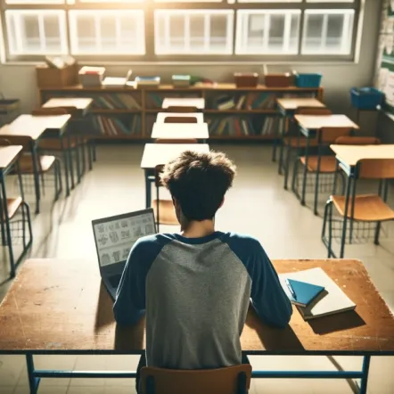 A high angle view of a male student studying on his laptop in a classroom. The student, with dark hair and wearing a blue t-shirt.