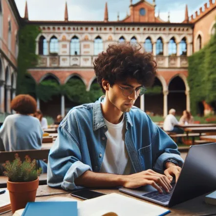 A wide aspect ratio image in a 35mm film style, depicting a university student studying thoughtfully on a laptop