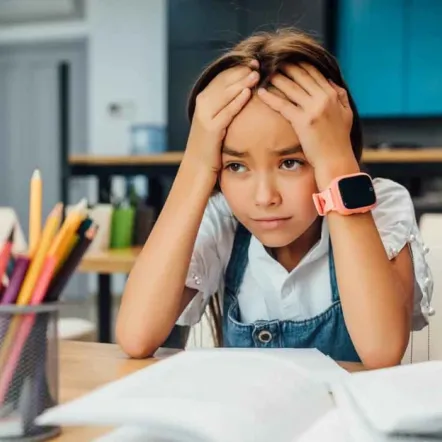 a child struggling over textbooks