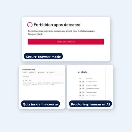 In Constructor Learn, quizzes run inside the course, with proctoring and a secure browser mode in the same suite