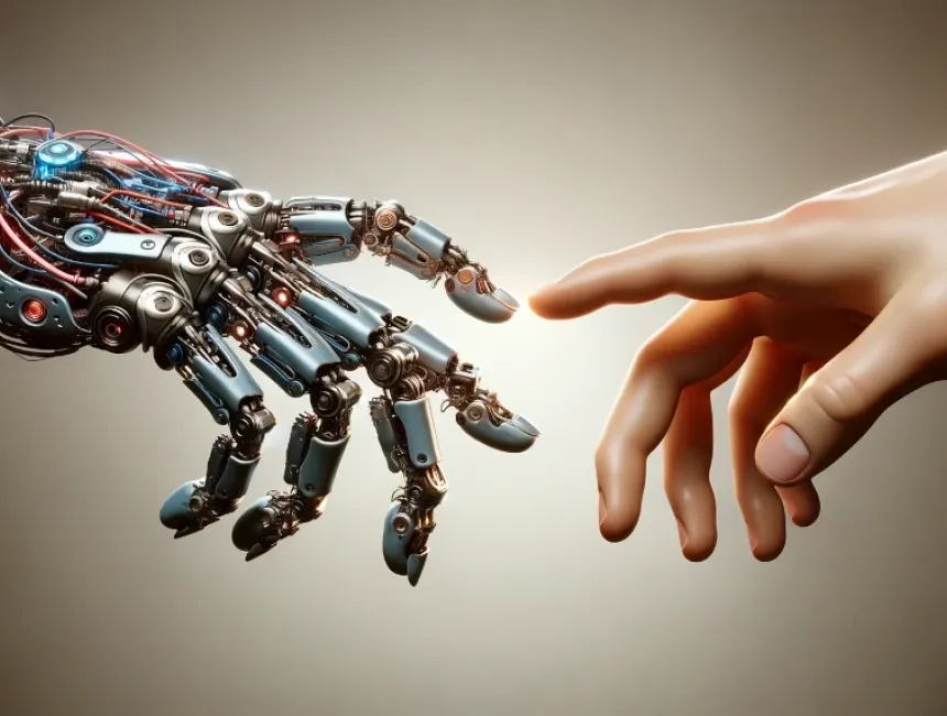 Robotic and human hands touching - AI generated image